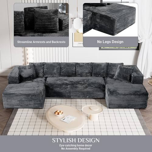 131" Modular Sectional Sofa Cloud Couch, Corduroy Memory Foam Black Sectional Couches for Living Room, Modern Deep Seat Boneless Sofa