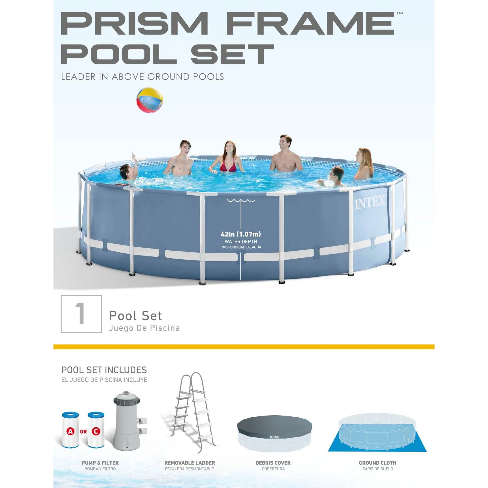 Intex 15 Feet x 48 Inches Prism Frame Swimming Pool Set w/ Ladder, Cover, & Pump