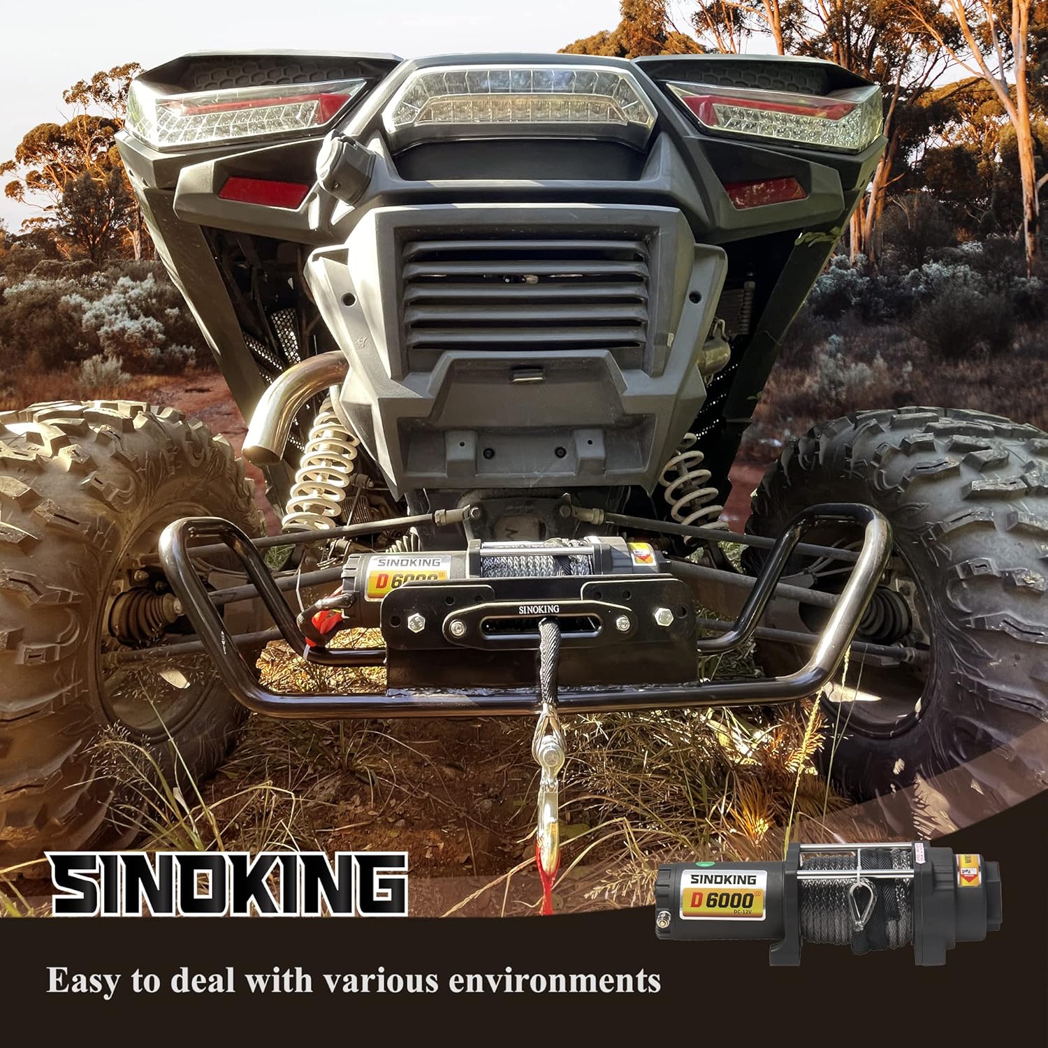 SINOKING 6000lb 12V Winch, UTV&ATV Winch with 1/4"× 49ft Synthetic Rope, Wired and Wireless Remote Control with Mounting Plate