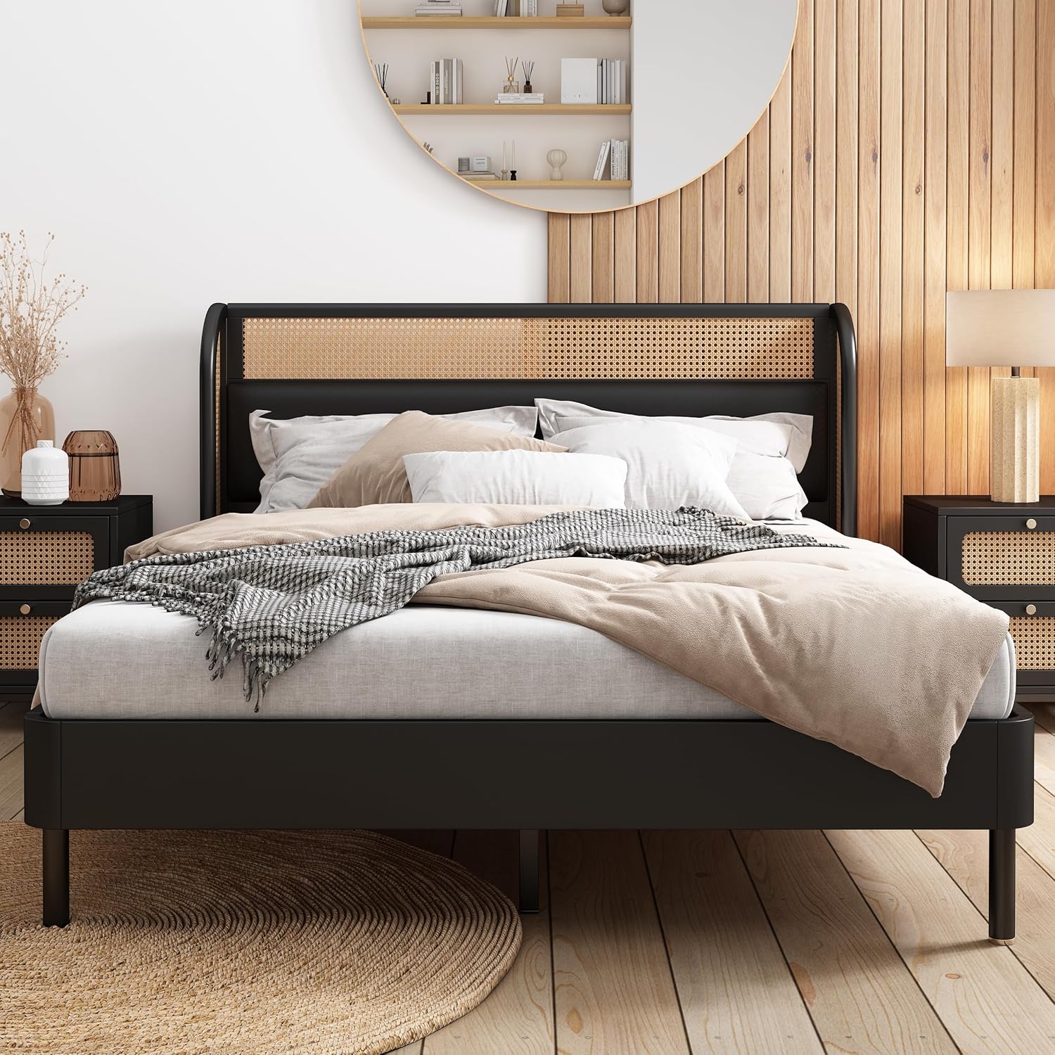 Rattan Platform Bed Queen Size with Wingback Headboard, Mattress Foundation w/Strong Wooden Slats, Modern Queen Bed Frame No Box Spring Needed