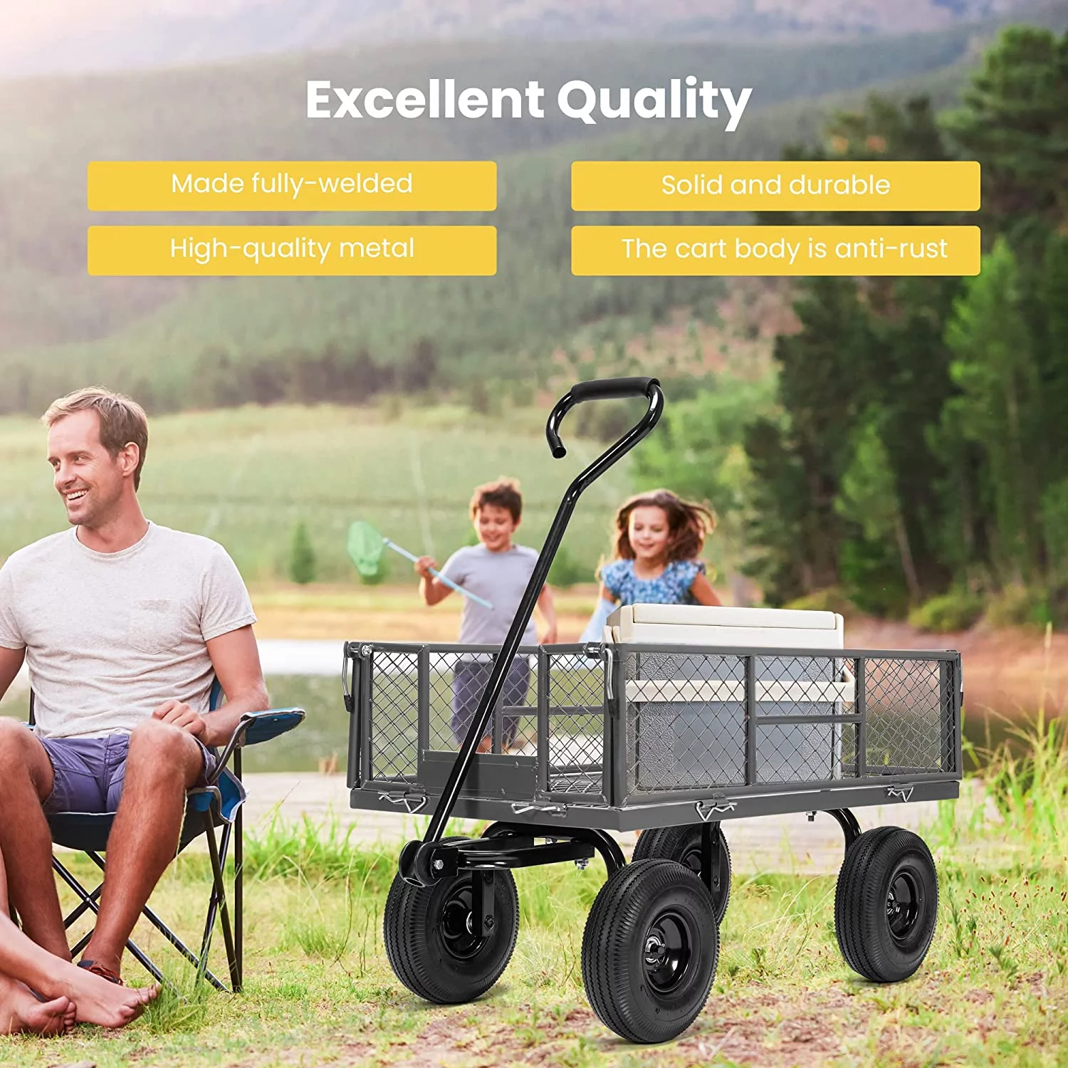 VIVOHOME Heavy Duty Mesh Steel Garden Cart 880 Lbs, Folding Utility Wagon with 10 Inch Wheels, Grey - Curated Treasures Market