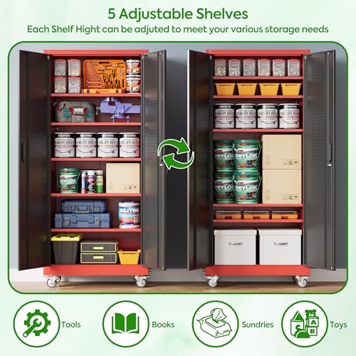 71" Metal Storage Cabinet with Wheels and Pegboard, Lockable Rolling Steel Storage Cabinet with 5 Adjustable Shelves and Door for Garage, Office