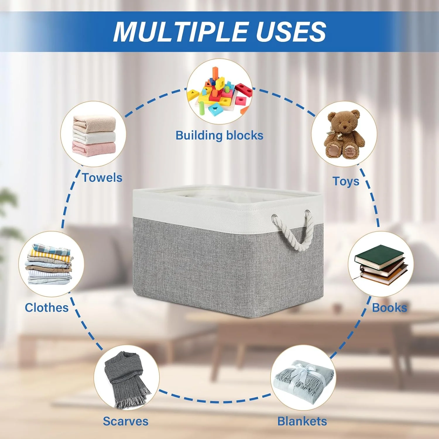 Storage Baskets 4Pack Fabric Storage Bins Clothes Baskets with Rope Handle, Decorative Basket for Gift, Baskets for Storage, Blankets(White&amp;Gray