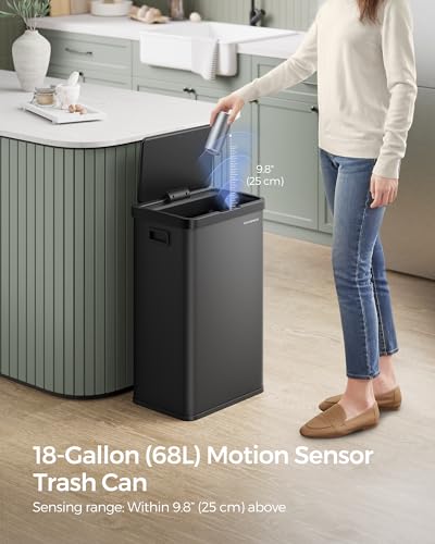 SONGMICS Motion Sensor Trash Can, 18-Gallon (68L) Automatic Kitchen Garbage Can with Stay-Open Lid, Soft Close, Stainless Steel