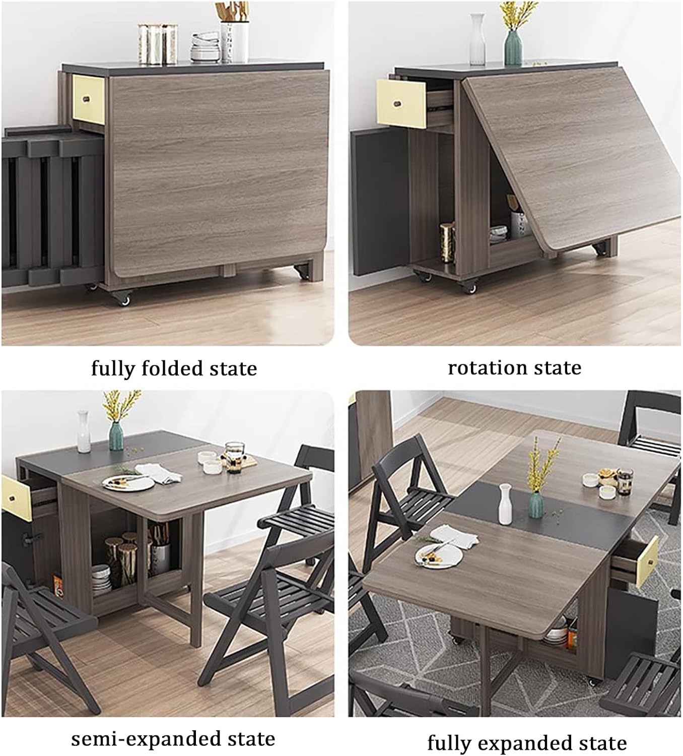 Folding Dining Table Set, Mobile Drop Leaf Dining Kitchen Table with 4 Chairs