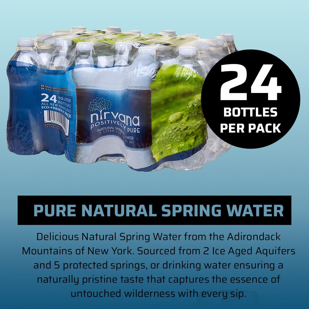 Nirvana Natural Spring Water - Fresh Bottling, High in Calcium, Bromate-Free, BPA-Free Bottles Water