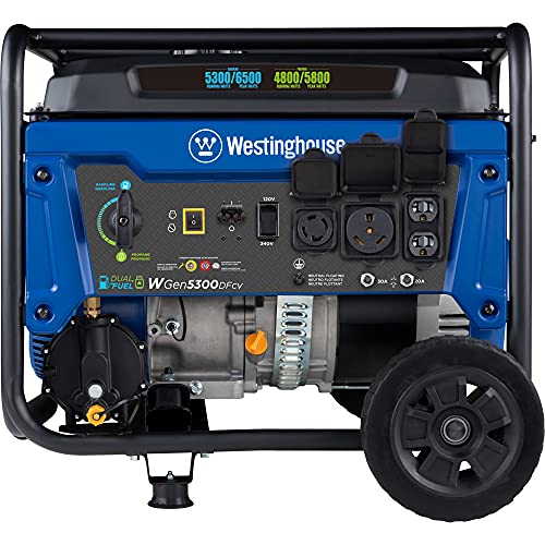 Westinghouse 6500 Watt Dual Fuel Home Backup Portable Generator, Transfer Switch Ready 30A Outlet, RV Ready 30A Outlet, CO Sensor