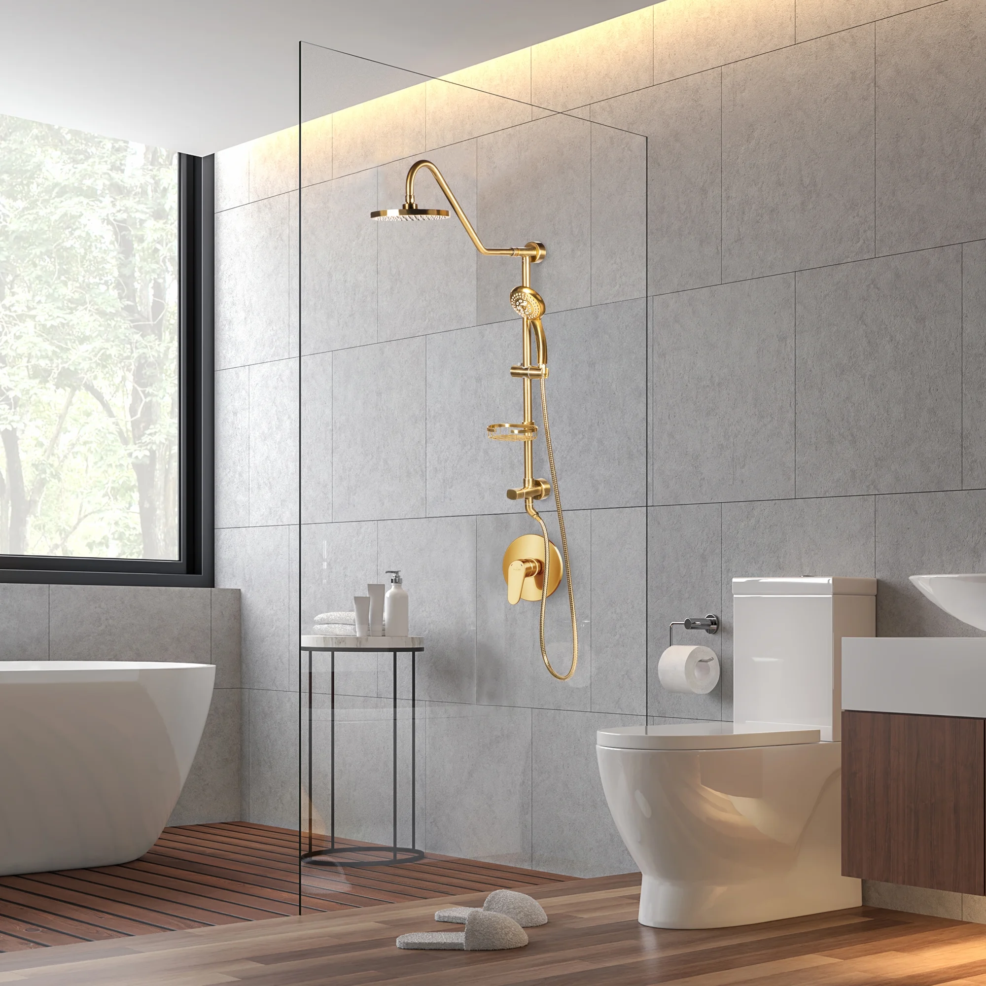 PULSE ShowerSpas 1011-lll-BG Kauai III Shower System, with 8" Rain Showerhead, 5-Function Hand Shower, Adjustable Slide Bar and Soap Dish