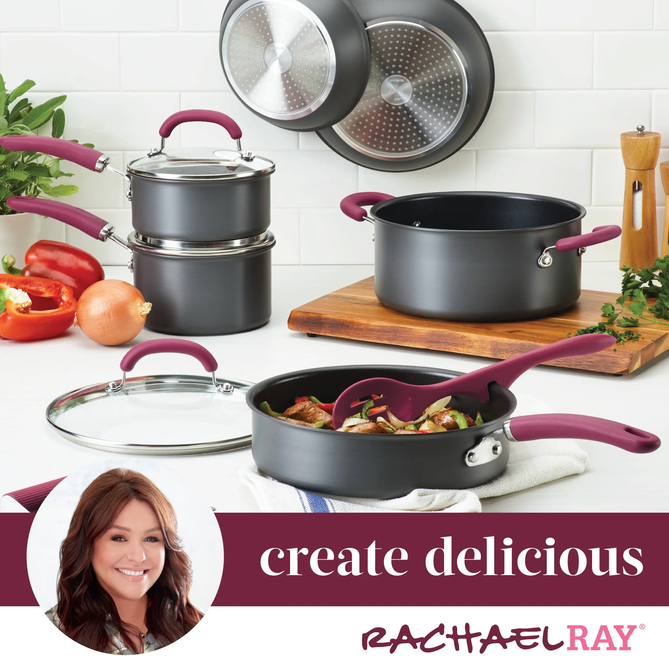 Rachael Ray Create Delicious 11 Piece Nonstick Pots and Pans Set, Burgundy Handles