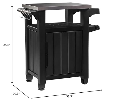 Keter Outdoor Rolling Table Cart for Food Prep, Storage, Bar & Grill, Dark Brown - Portable Kitchen Island Tabletop with Wheels for Drinks, Snacks