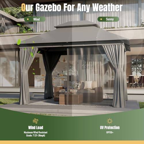 AOXUN Outdoor Gazebo for Patio 10x12, Metal Frame Canopy with Double Roofs