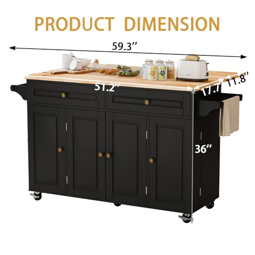 67’’ Movable Kitchen Island with Drop Leaf and Power Outlet, Lockable Sliding Countertop Rolling Island Cart with 2 Large Drawers, Spice, Towel Rack