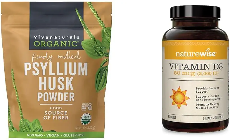 Viva Naturals 24 oz Organic Psyllium Husk Powder & NatureWise 360 Count Vitamin D3 2000iu Mini Softgels - Kansas Nuitrition - HNZSDS