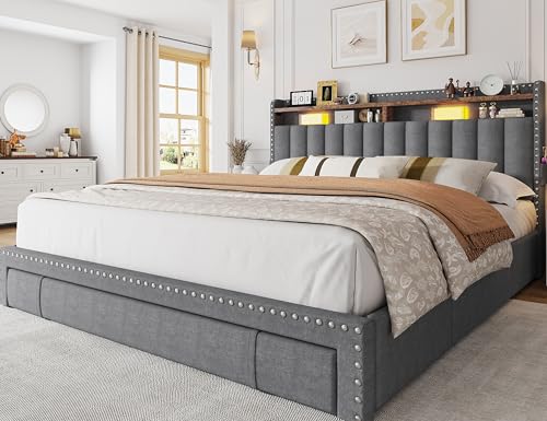 EnHomee Queen Bed Frame with 3 Storage Drawers, Upholstered Bed Frame Queen Size with 2-Tier Storage Headboard, Wooden Slats, No Box Spring Needed