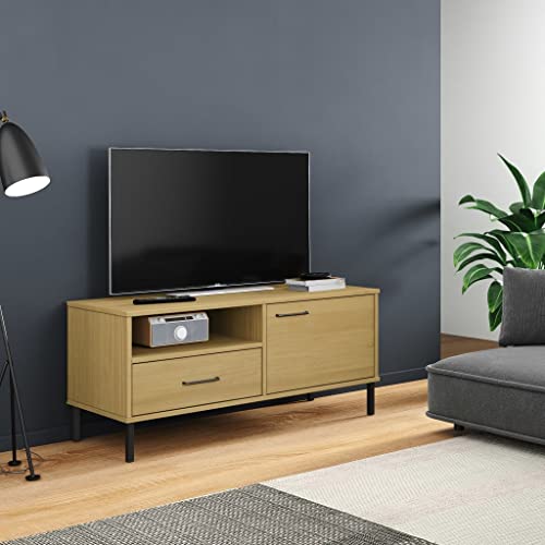 TV Stand with Metal Legs Brown Solid Wood Pine,Versatile Pine Wood TV Stand with Storage, Rustic TV Cabinet for Living Room, Bedroom