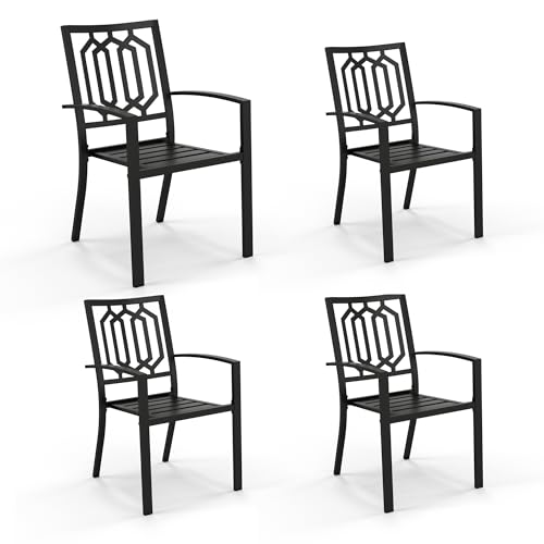 PHI VILLA Stackable Wrought Iron Patio Dining Chairs - Set of 2 Black Outdoor Chair Bistro Metal Chairs, Support 300 LBS