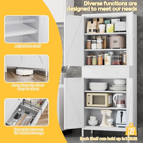 Tall Kitchen Pantry Cabinet, Metal Display Storage Cabinets with 4 Doors/2 Drawers for Kitchen Home Office Living Room, Assembly Required