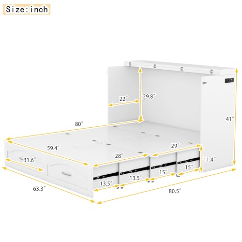 Queen Size Murphy Wall Bed with Storage, Bookcase Headboard, Solid Wood Cabinets, Shelves, Drawers and USB Ports