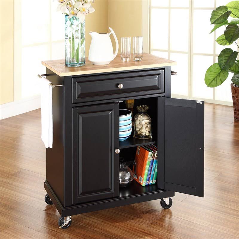 Pemberly Row Natural Wood Top Kitchen Cart in Black - PR-376093