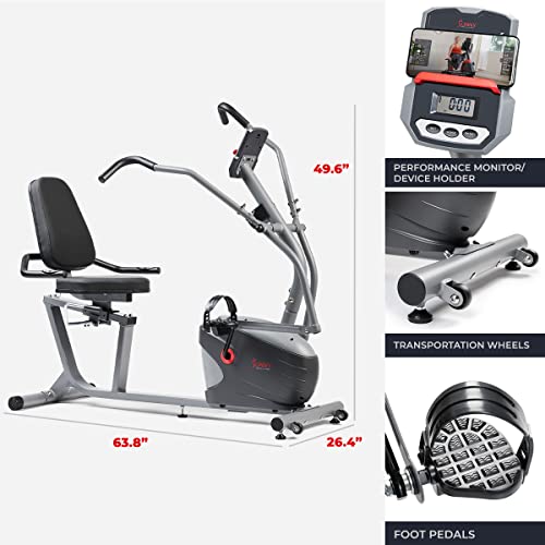 Sunny Health & Fitness Smart Recumbent Bike, Full-Body Home Training with Arm/Leg Exercisers