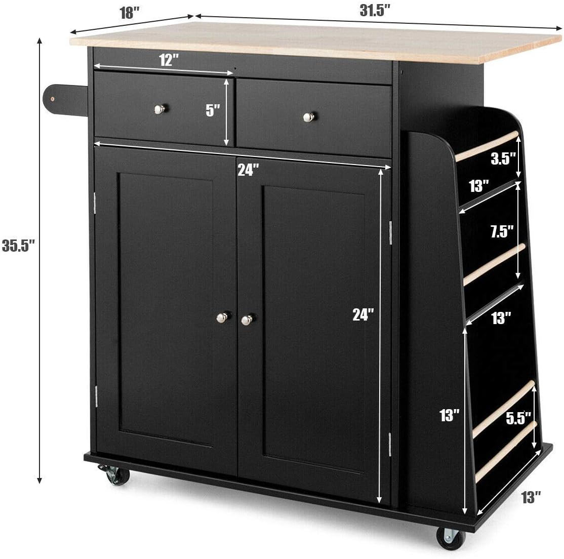 Black Rolling Kitchen Trolley Island Utility Serving Cart 2 Drawers 2 Doors Storage Cabinet 3-Tiers Spice Rack Rubber Wood Countertop Cutlery Utensil