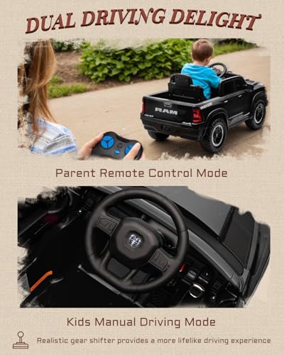 12V Licensed Ram 1500 Ride on Toy for Kids, Toddler Ride on Pickup Truck with Parent Remote Control, Electric Car for Kids with Truck Bed Storage