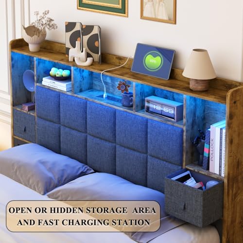 LED Bed Frame Full Size with Bookshelf Headboard, 2 Hidden Storage Drawers, Upholstered Platform Metal Bed Frame with Charging Station
