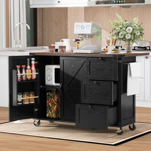 Bellemave Kitchen Island with Storage Cabinet on Wheels, 53.5'' Mobile Kitchen Cart with Power Outlet, Drop Leaf, Spice/Towel Rack and Drawer