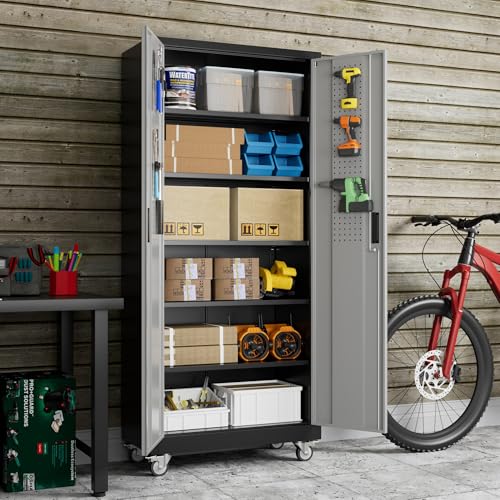 71" Metal Storage Cabinet with Wheels and Pegboard, Lockable Rolling Steel Storage Cabinet with 5 Adjustable Shelves and Door for Garage, Office