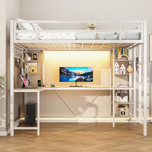 MSmask Loft Bed Twin Size with L Shaped Desk, LED Lights, Charging Station, Heavy Duty Metal Loft Bed Frame with 6 Storage Shelves