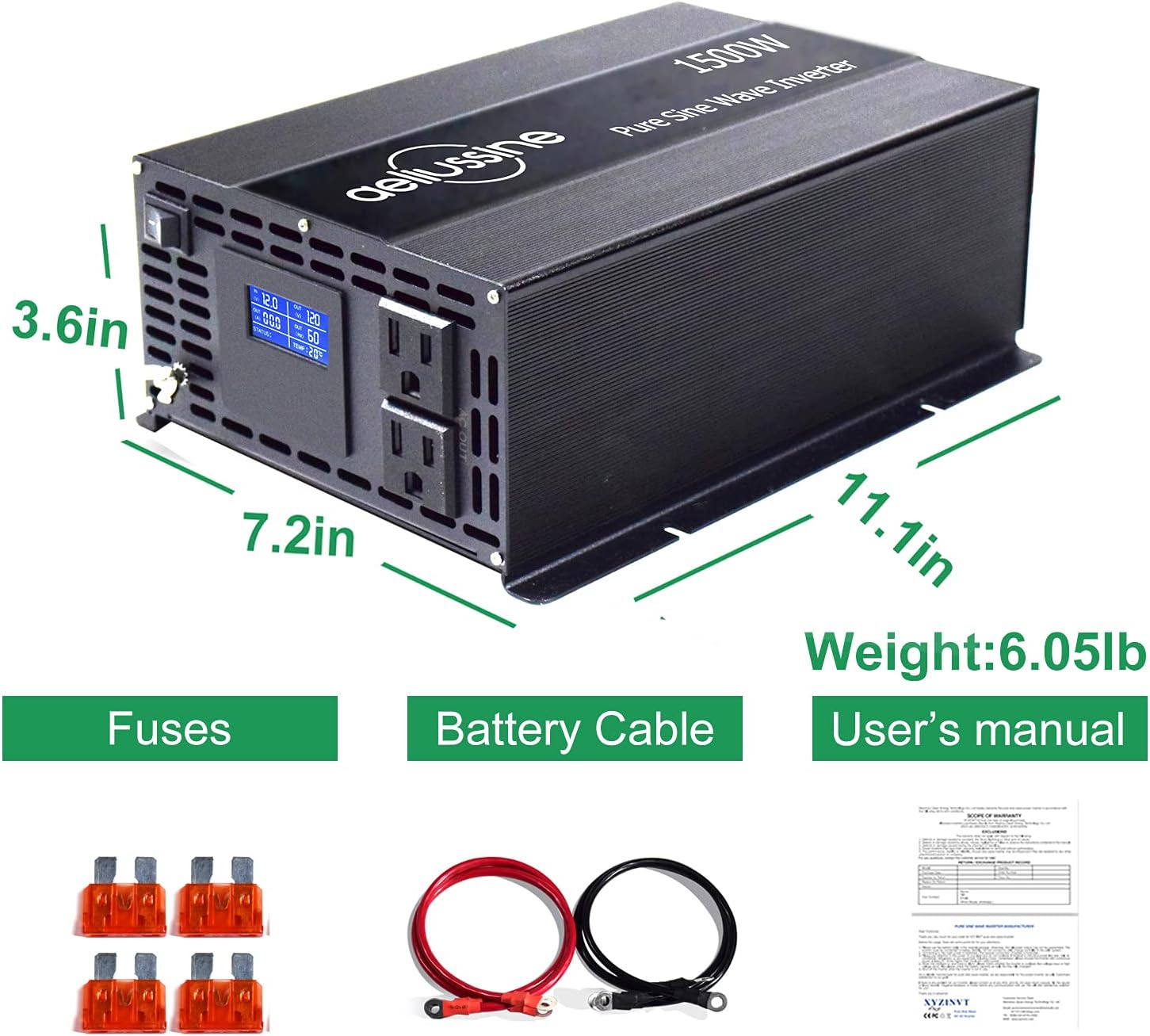 aeliussine 1000w Inverter Pure Sine Wave Power Inverter 12v dc to ac 110v 120v with 2 US Socket, LCD Display and Earth Terminal, for Car RV, Truck