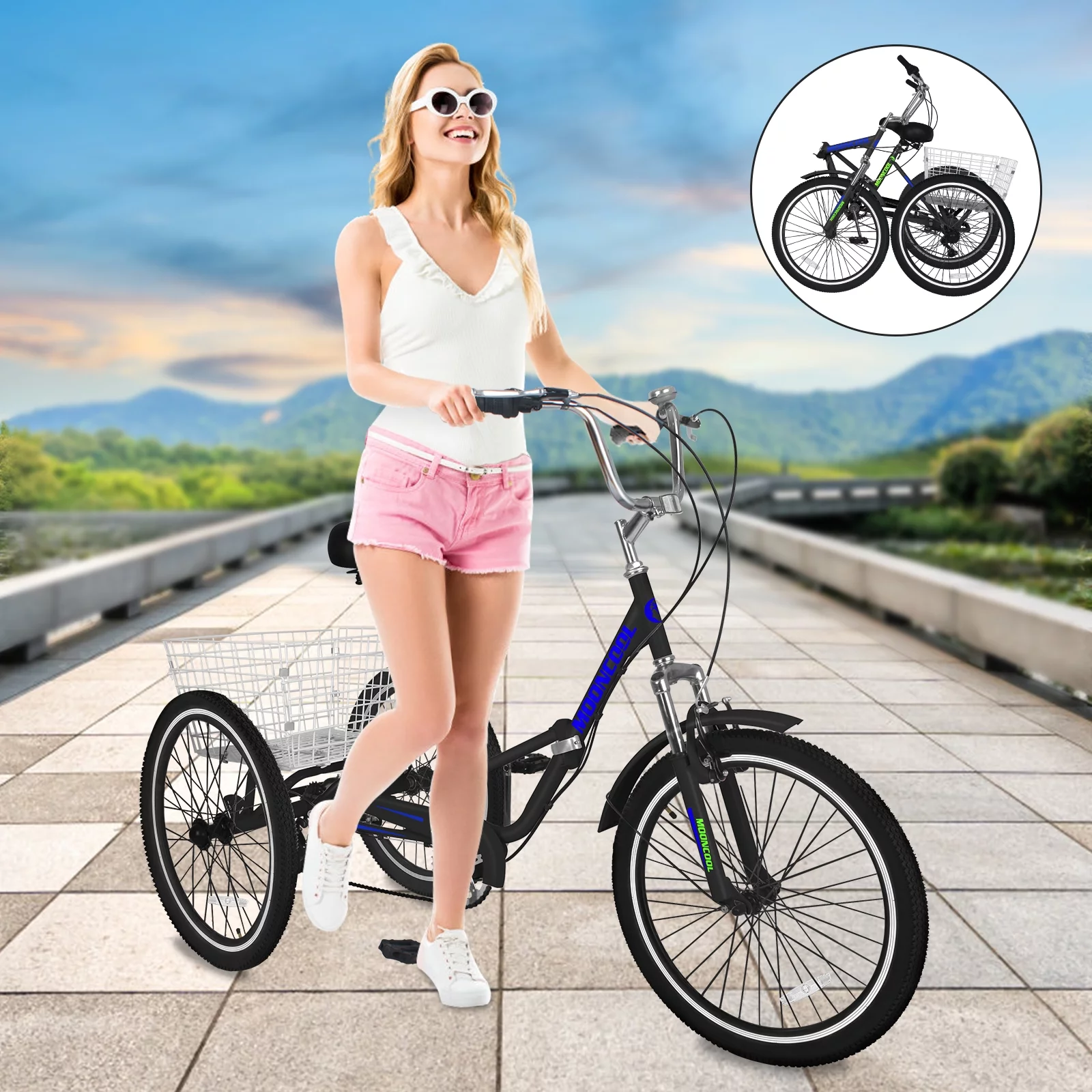 Adult Folding Tricycles Folding Bikes, 7 Speed 24Inch 3 Wheel Adult Trikes Cruiser Bike with Large Basket, Foldable Tricycle for Adults, Women, Men