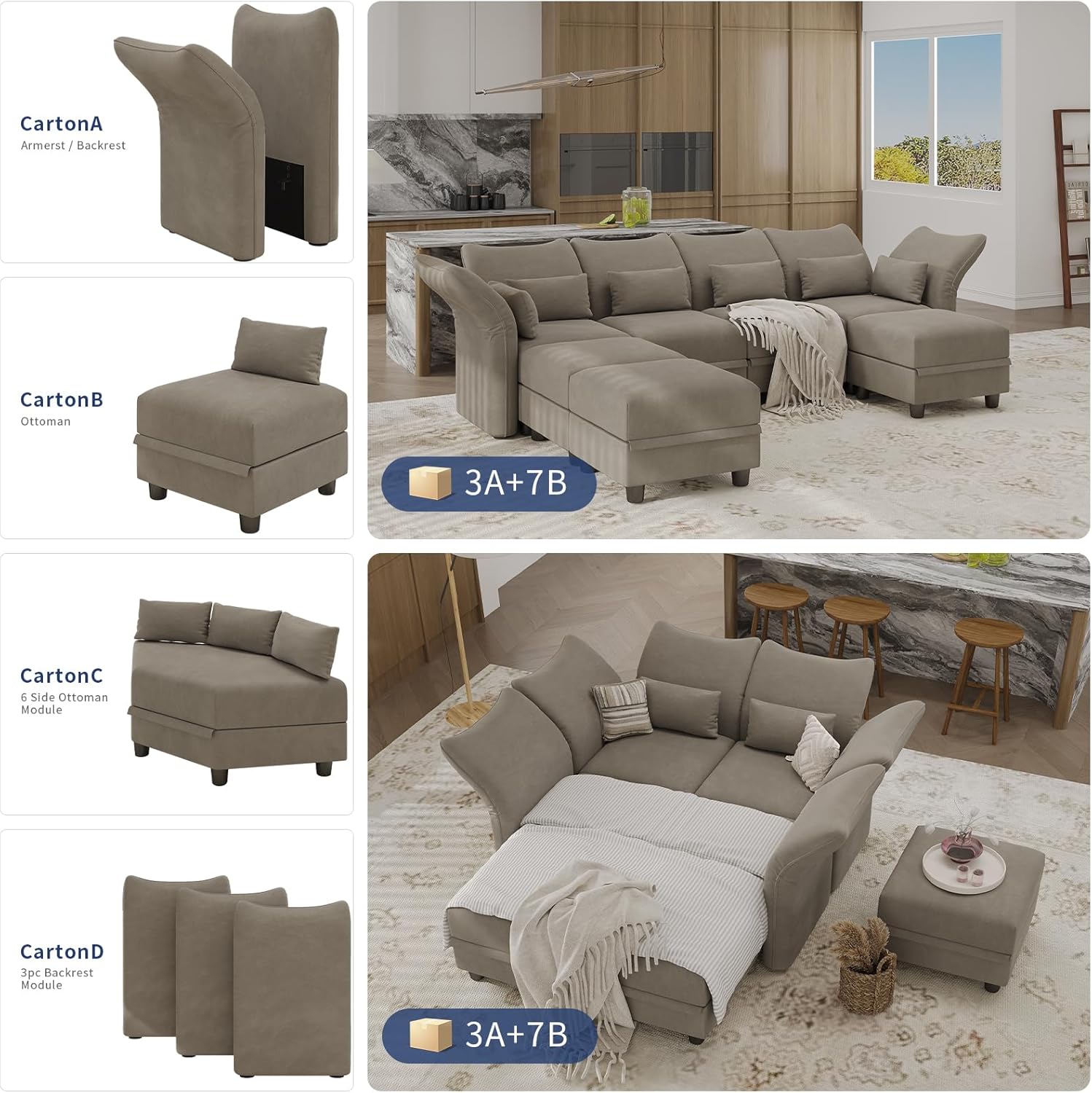 LLappuil Velvet Modular Sectional Sofa L Shaped Corner Couch with Storage Chaise, 142.2" 4-Seater Sofa with Big Ottoman