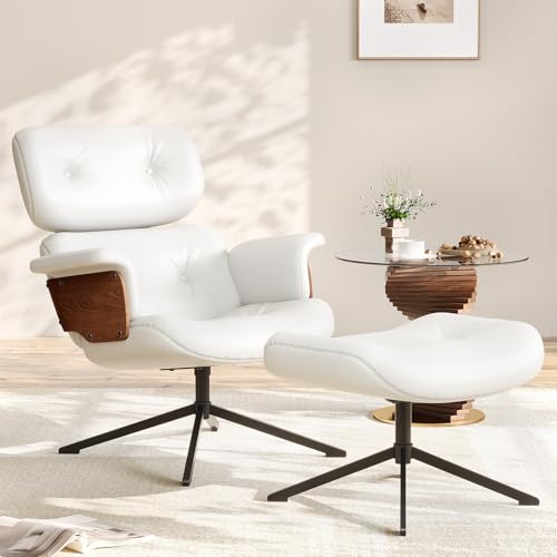 Mid Century Recliner Swivel Chair with Ottoman, Ergonomic Armchair with Comfy Cushion, Walnut Wood Base, PU Leather