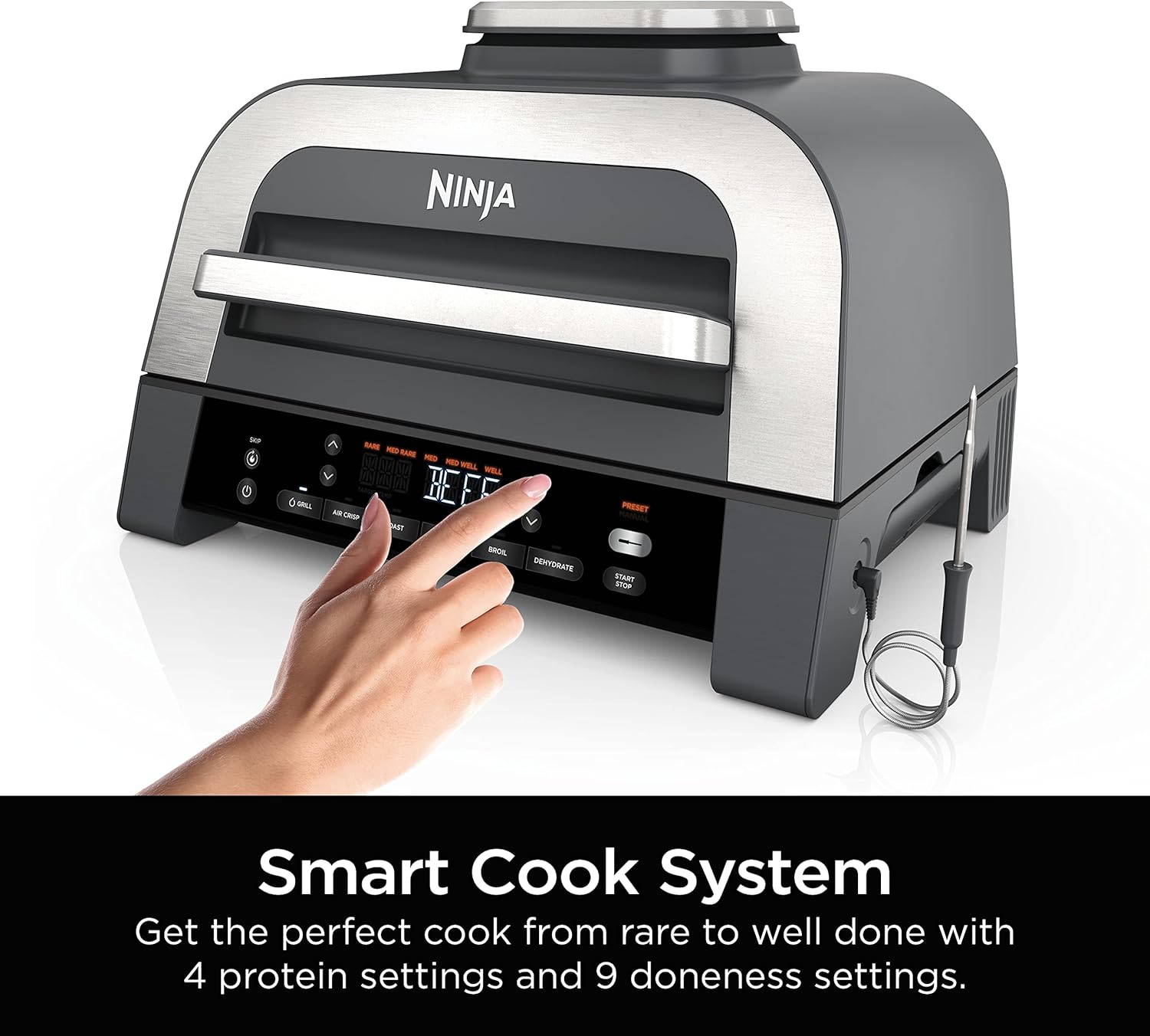 Ninja DG551 Foodi Smart XL 6-in-1 Indoor Grill with Air Fry, Roast, Bake, Broil, & Dehydrate, Foodi Smart Thermometer, 2nd Generation, Black/Silver