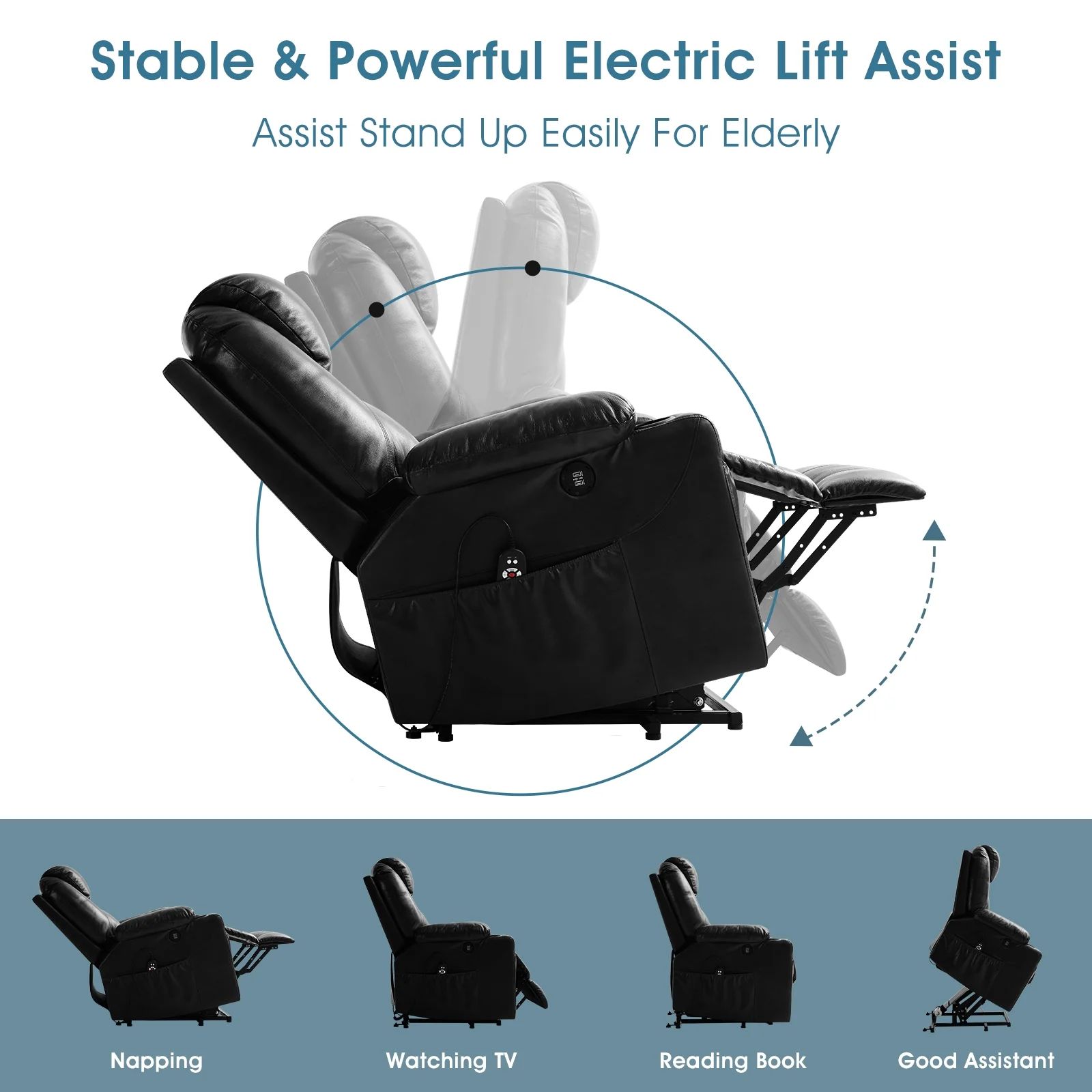TEKAMON 3-Position Large Power Lift Recliner Chair with Massage and Heating for Elderly, Real Leather(Black)