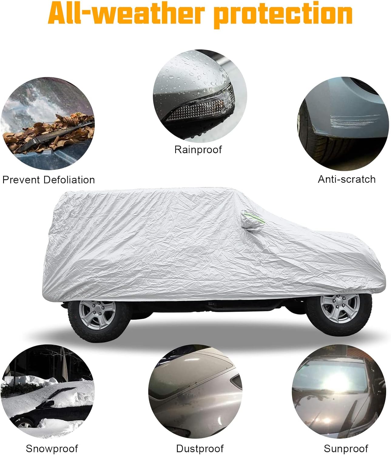 Silver 2-Door Full Car Cover Compatible with Jeep Wrangler CJ YJ TJ JK & JL 2 Door 1965-2021 All Weather Protection Snow Rain Waterproof Sun Shade