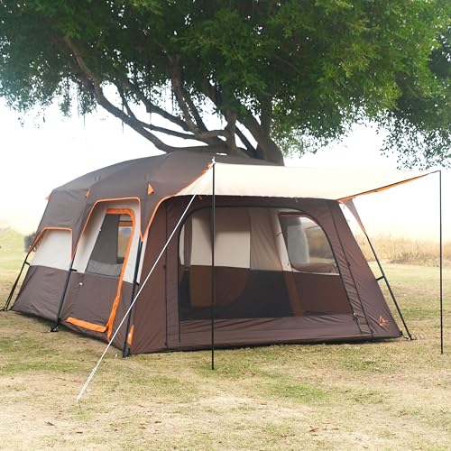 KTT Extra Large Tent 10-12-14 Person(B),Family Cabin Tents,2 Rooms,3 Doors and 3 Windows with Mesh,Straight Wall,Waterproof,Double Layer