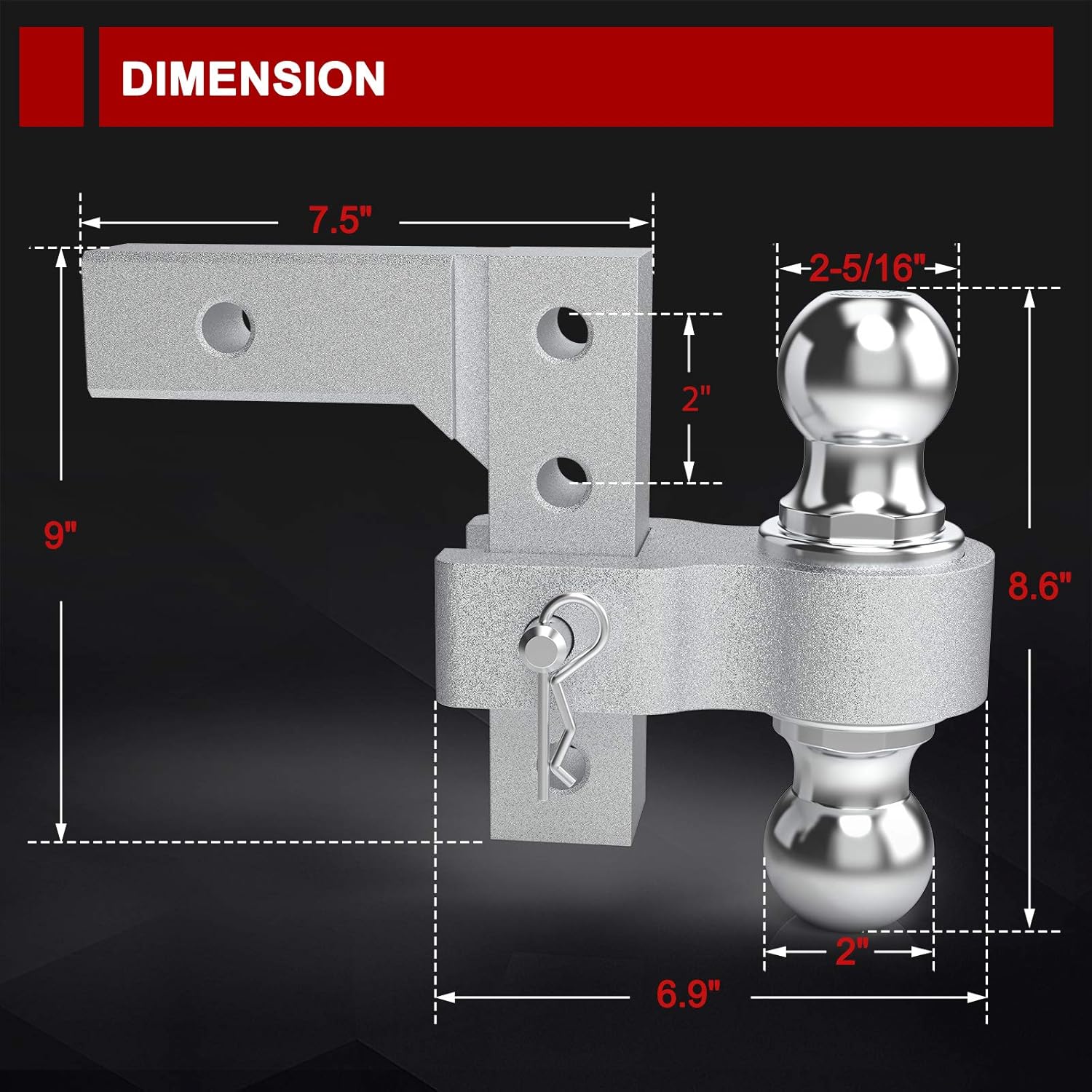 BUNKER INDUST Adjustable Trailer Hitch Fits 2" inch Receiver, Aluminum Rapid Hitch 6" Drop/Rise, 2-Inch and 2-5/16-Inch Hitch Dual Ball Mount 5