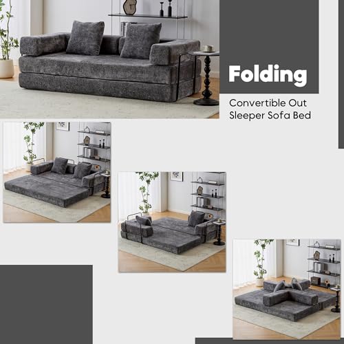 Convertible Sleeper Sofa Bed with Cylindrical Pillow, Corduroy Folding Mattress Couch with Fixed-Shape Frame