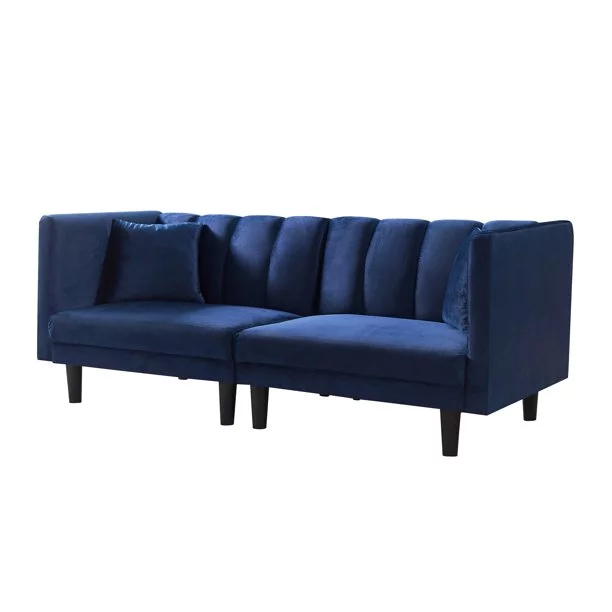 BSHTI 70 inch Futon Sofa Bed, 2 Pillows and Perfect Artificial Cushion Velvet Futon Sofa(Navy Blue)