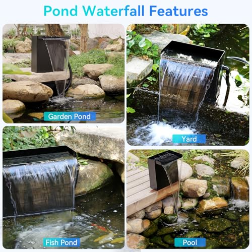 POPOSOAP 24 Inch Pond Waterfall Spillway with 1200GPH Pump, 304 Stainless Steel Waterfall Kit with 9.8FT Corrugated Tube