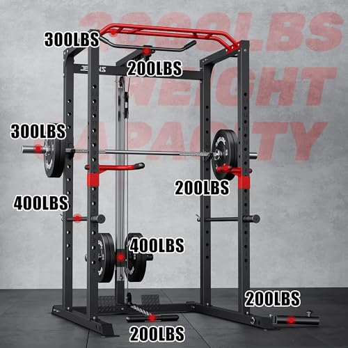 Power Cage, 2000LBS Multi-Function S11 Power Rack with LAT Pulldown, Squat Rack with Adjustable Pulley System and More Training Attachments