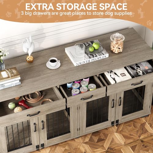 Dog Crate Furniture for 2 Dogs, 71'' XXL Indoor Dog Kennel with 3 Drawers and Removable Room Divider