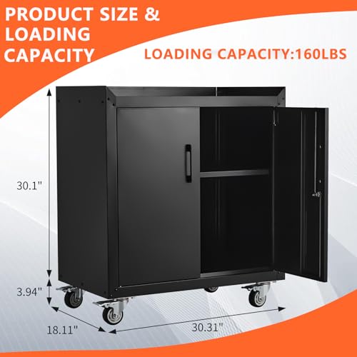 2 Door Tool Cabinets for Garage, Lockable Metal Storage Cabinet with Adjustable Shelves, Rolling Tool Chest, Garage Storage Cabinet with Wheels