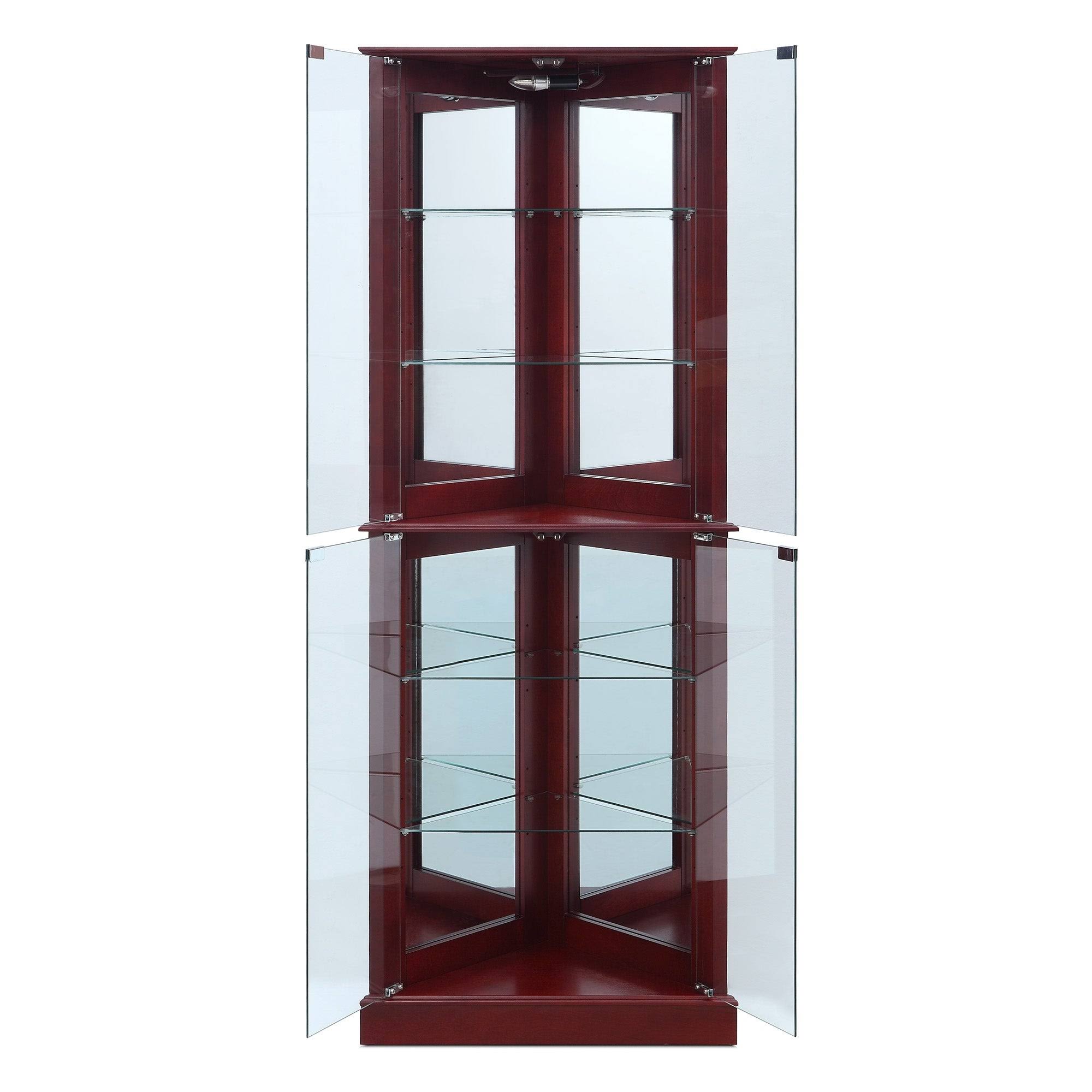 Belleze Woody Lighted Corner Curio Cabinet Tempered Glass Door 6 Shelves, Cherry