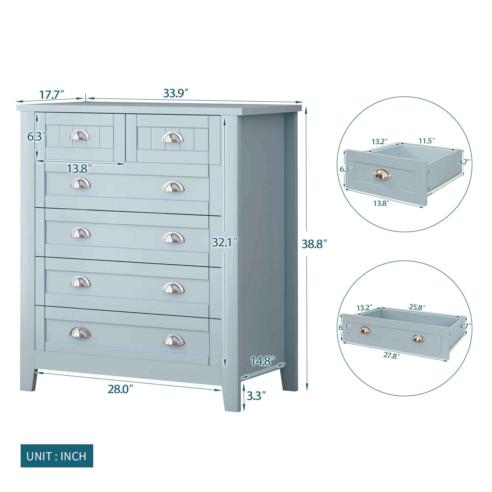 Antique Blue 4 Drawers Vertical Dresser,Wooden Chest of 4 Drawers for Bedroom