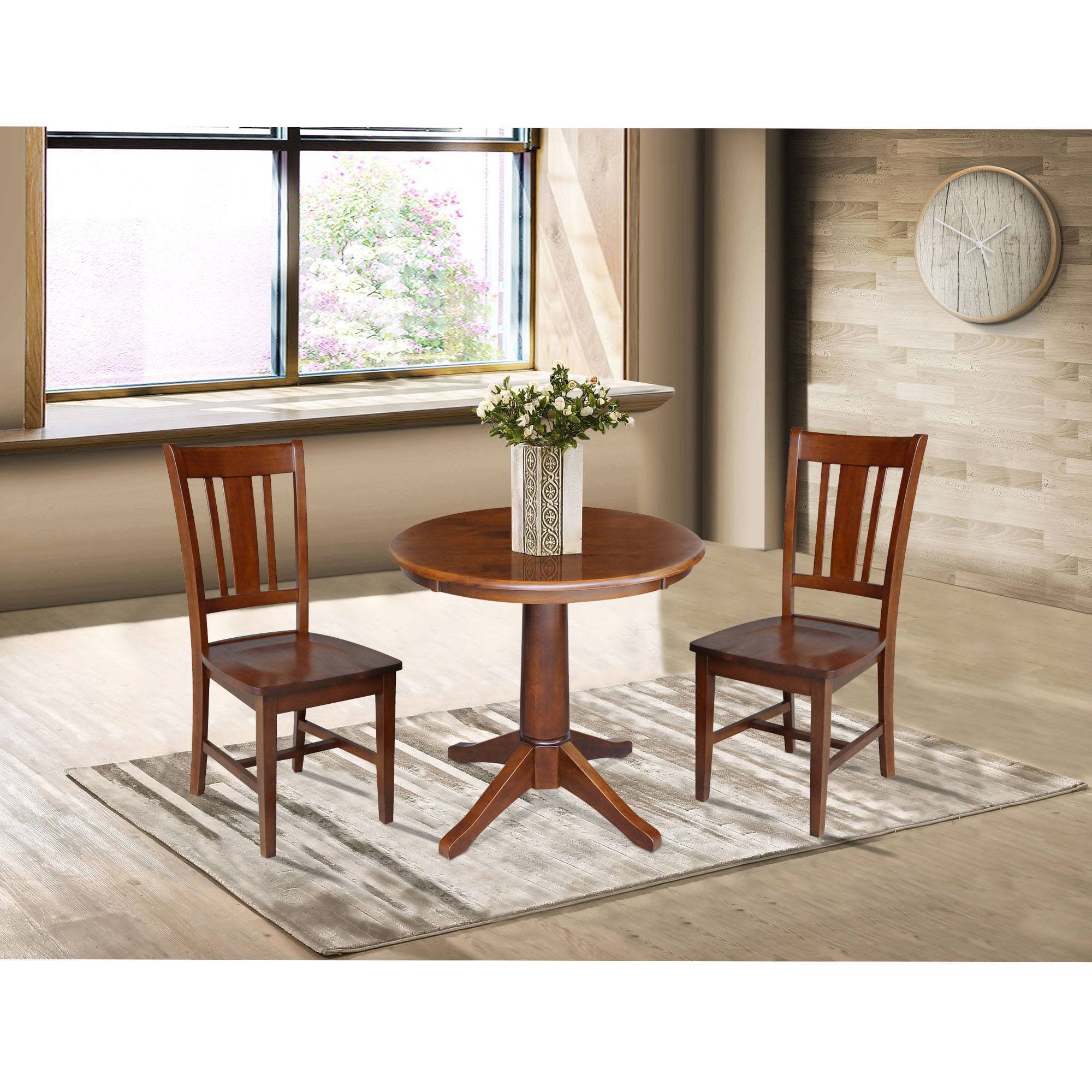 International Concepts 30x22 Round Top Pedestal Table with 2 Chairs, Espresso