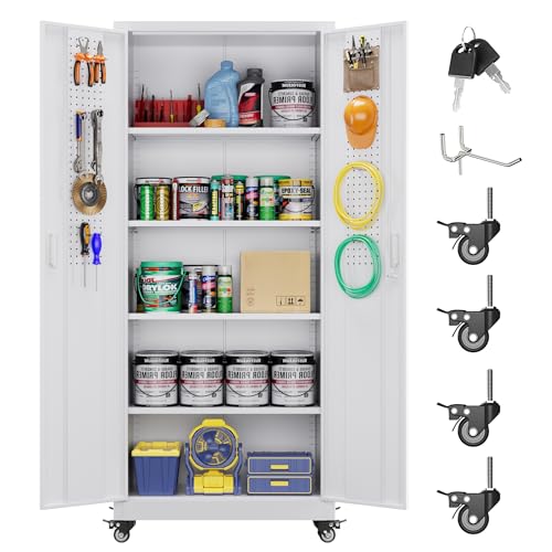 71" Metal Storage Cabinet with Wheels and Pegboard, Lockable Rolling Steel Storage Cabinet with 5 Adjustable Shelves and Door for Garage, Office
