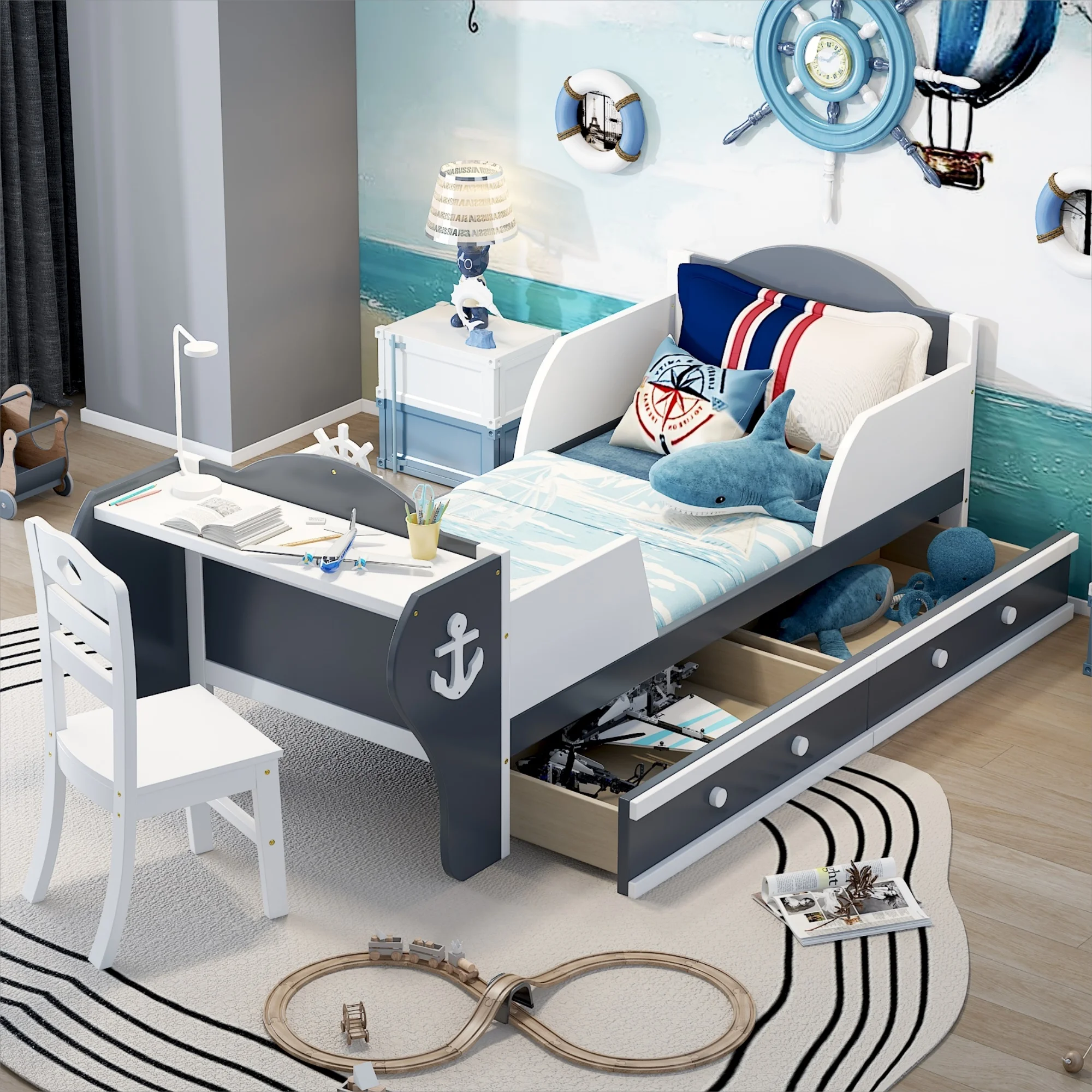 CoSoTower Twin Size Boat-Shaped Platform Bed with Two Drawers,Twin Bed with Desk and Chair for Bedroom,White+Gray